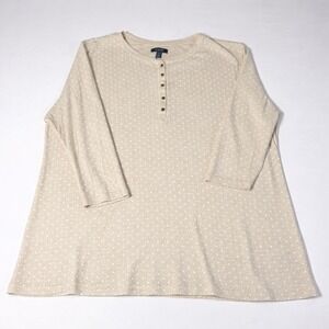 Chaps Womens 2X Henley Top Oatmeal Heather Polka Dot 3/4 Sleeve 100% Cotton